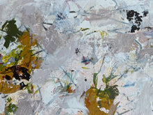 Detail of the abstract expressionist painting with textured impasto brushstrokes in white, gray, ochre yellow, green, and black.