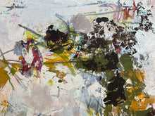 Detail of the abstract  expressionist painting with expressive, textured brushstrokes in black, green, yellow, red, gray, and white.