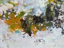 Detail of the abstract  expressionist painting featuring textured impasto brushstrokes in white, yellow, green, black, and gray.