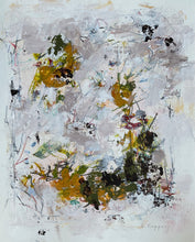 Held in Suspension, contemporary abstract painting featuring layered whites, soft greys, olive green and ochre with delicate gestural marks and textured passages on a light background.