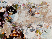 A detail of the abstract painting featuring textured impasto brushstrokes in off-white, beige, brown, black, and hints of green and orange.