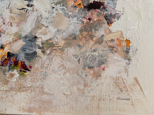 A detail of the abstract painting with textured impasto brushstrokes in off-white, beige, gray, brown, and small accents of orange, red, and green.