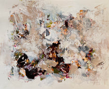What Holds Without Certainty, an original abstract painting on paper by Linda Coppens. Layered passages of soft beige, white and grey surround darker burgundy, black and olive accents with touches of orange and pale blue, creating a richly textured abstract composition that balances density with openness.
