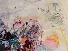 Detail of the abstract painting with expressive brushstrokes and splatters in pink, red, blue, orange, green, and yellow on a textured off-white background.