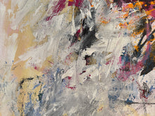 Detail of the abstract painting with thick impasto brushstrokes in white, gray, beige, black, orange, and magenta on a textured canvas.