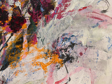 Detail of the abstract painting on canvas featuring expressive brushstrokes in pink, orange, yellow, black, blue, and white.