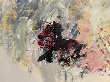 Detail of the abstract painting with expressive impasto brushstrokes in black, deep red, soft pink, gray, beige, and touches of yellow and blue.