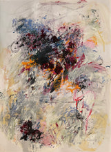 Held Together by Light, an original abstract painting on unstretched canvas by Linda Coppens. A dense central cluster of deep burgundy, blue, black and warm orange gestures is surrounded by soft white, grey and pale pink passages, creating a sense of tension, openness and balance.