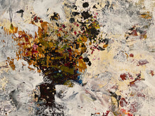 Detail of the abstract painting featuring a central cluster of textured impasto brushstrokes in ochre, brown, black, and red, set against a mottled background of cream, gray, and white.