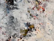 Detail of the abstract painting featuring textured impasto brushstrokes in white, gray, black, and splashes of red, yellow, and blue.