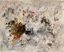 Soft veils of white and grey surround a concentrated field of marks that seems to have settled after repeated adjustments. 
