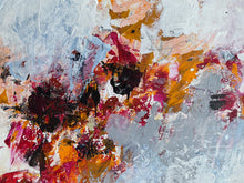 Detail of the abstract textured painting with expressive brushstrokes in white, gray, orange, red, pink, black, and light blue.