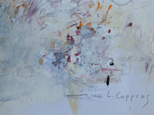 Detail of the abstract textured painting featuring layered impasto brushstrokes in off-white, light blue, gray, and soft lavender, with small splatters of red, orange, and black, and the signature.