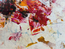 Detail of the abstract expressionist painting with expressive brushstrokes in red, magenta, orange, black, and white.