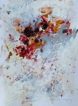 Original abstract painting on paper with layered pink, burgundy and grey forms emerging from a spacious light background.