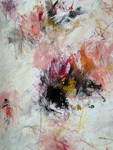Detail of the abstract painting with expressive, energetic brushstrokes and splatters in black, red, pink, orange, yellow, and gray on a textured off-white background.