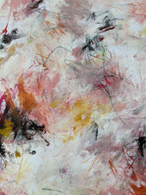 Detail of the abstract painting with layered brushstrokes and scribbled lines in pink, white, orange, yellow, black, and gray.