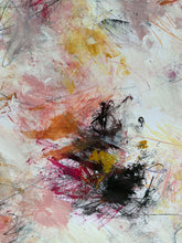 Detail of the abstract painting with layered brushstrokes and scribbled lines in pink, yellow, orange, black, and white.