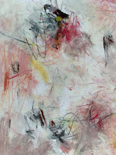 Detail of the abstract painting with layered brushstrokes and scribbled lines in pink, red, gray, black, white, and touches of yellow.