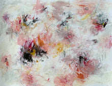 Abstract painting with a black and magenta cluster below centre left, yellow through the middle, and loose dark lines over pink at lower right.