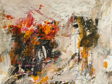 Detail of the abstract painting featuring expressive, textured brushstrokes in vibrant orange, red, black, brown, and white.