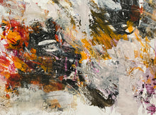 Detail of the abstract painting featuring a dynamic mix of thick impasto brushstrokes in white, black, orange, yellow, red, and purple.