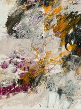 Detail of the abstract painting with thick impasto brushstrokes in white, gray, black, ochre yellow, and magenta purple.
