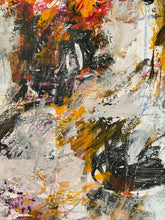 Detail of the abstract painting with expressive, textured brushstrokes in orange, yellow, black, white, and gray.