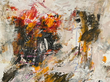 Detail of the abstract painting featuring expressive, textured brushstrokes in vibrant orange, red, black, brown, and white.