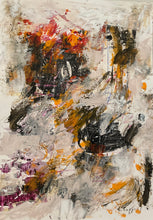 Vertical expressive abstract painting on paper with bold black forms, vivid orange and red passages, and fragmented marks moving through a pale ground.