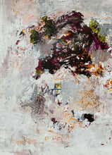 Detail of the abstract painting featuring textured impasto brushstrokes in dark purple, olive green, black, orange, and white.