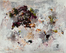Horizontal abstract painting on paper with a dense burgundy, black and green formation at upper left, dissolving into pale pink, grey and white layers.