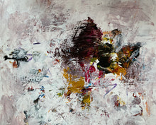 Detail of the abstract painting featuring textured impasto brushstrokes in white, gray, black, burgundy, yellow, and red, with a central dark mass and colorful accents.