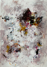Vertical abstract painting on paper with a dark textured concentration near the top, scattered ochre, pink and blue fragments, and expansive pale layers.