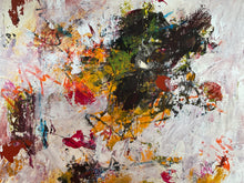 Detail of the abstract painting featuring a dynamic composition of thick impasto brushstrokes and splatters in black, green, orange, red, pink, and white.