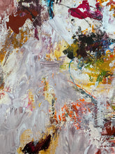 Detail of the abstract painting with thick impasto brushstrokes in white, gray, yellow, orange, red, brown, black, and touches of blue and green.