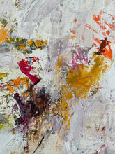 Detail of the abstract painting with thick impasto brushstrokes in white, gray, yellow, orange, red, pink, and brown.