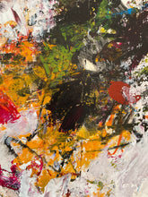 Detail of the abstract painting with expressive, textured brushstrokes in black, yellow, orange, red, green, white, and gray.