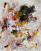 Vertical abstract painting on paper with dark green and black forms, vivid ochre, orange and magenta accents, and layered white and pale pink passages.