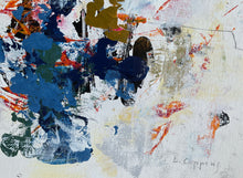 Detail of the abstract painting featuring bold blue, navy, white, red, and gold brushstrokes on a textured off-white canvas background, and signature.