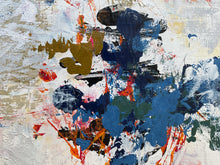 Detail of the abstract painting with thick textured brushstrokes in blue, navy, white, beige, orange, red, and green.