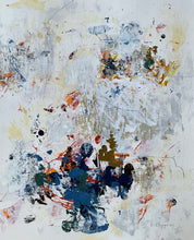 Original abstract painting on paper featuring expressive green and black forms surrounded by soft white and grey layers.
