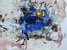 Detail of the minimal abstract painting featuring a central textured blue shape layered over a background of white, gray, black, pink, and red paint strokes.