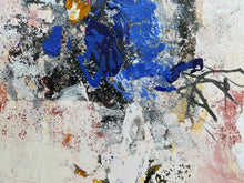 Detail of the minimal abstract painting  with thick impasto brushstrokes of vibrant blue, black, white, and gray, accented with splatters of pink, yellow, and red.