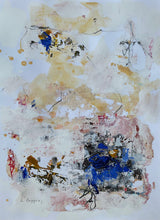 Minimal abstract painting on paper with pale layered textures, soft blue-grey marks and delicate gestural drawing.