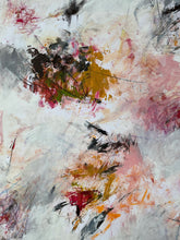 Detail of the abstract painting with expressive brushstrokes and splatters in pink, red, yellow, black, green, and gray on a white paper.
