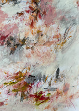 Detail of the abstract painting with layered brushstrokes in pink, red, white, gray, black, and touches of yellow and green and signature