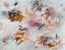 Abstract painting with angular black lines, an ochre and green cluster at upper left, broad central pink strokes and scattered grey passages.