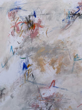 Detail of the abstract painting with layered, textured brushstrokes and scribbled lines in beige, gray, white, blue, red, and brown tones.