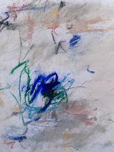 Detail of the abstract painting featuring expressive, gestural brushstrokes and scribbled lines in blue, green, peach, gray, black, and white.